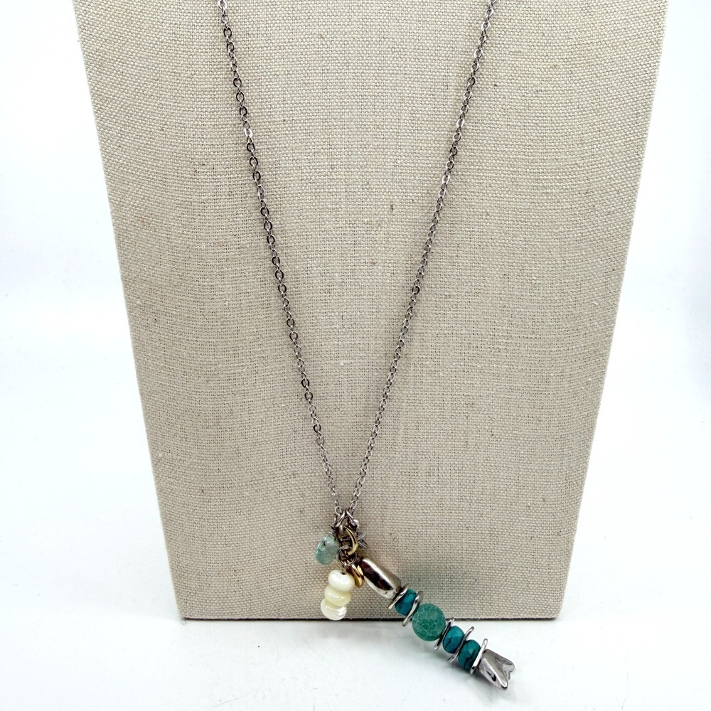 Vintage Boho Fish Bone Charm Necklace with Teal Beads & Shell Accents